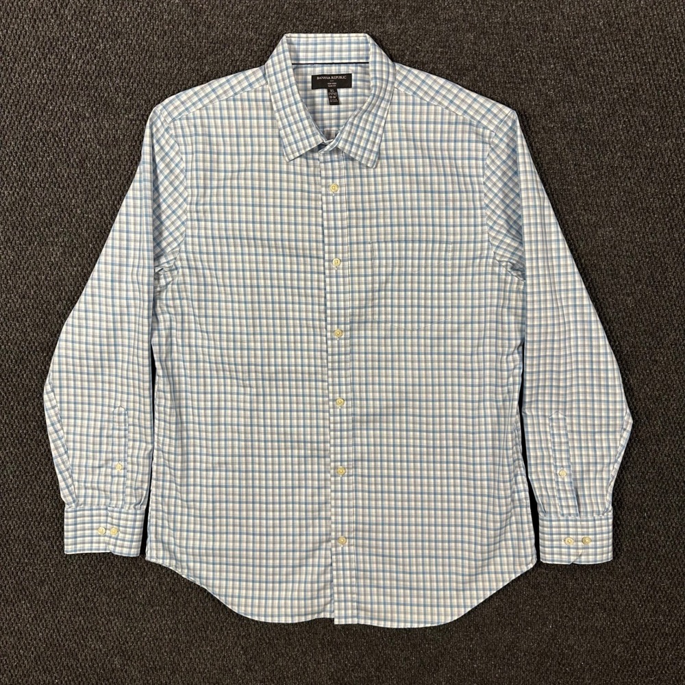 Banana Republic Dress Shirt Mens XL Slim Fit Blue White Gingham Check Non Iron